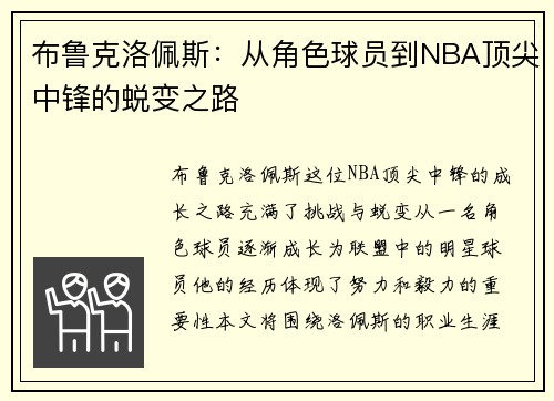 布鲁克洛佩斯：从角色球员到NBA顶尖中锋的蜕变之路
